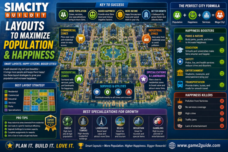 SimCity BuildIt Layouts to Maximize Population and Happiness